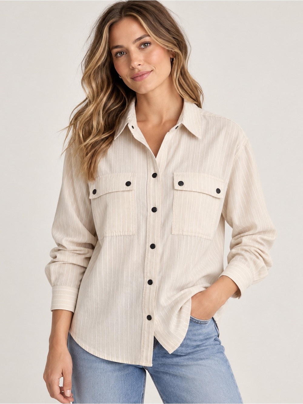 Vintage Diane von Furstenberg DVF Pinstripe Utility Safari Snap Shirt